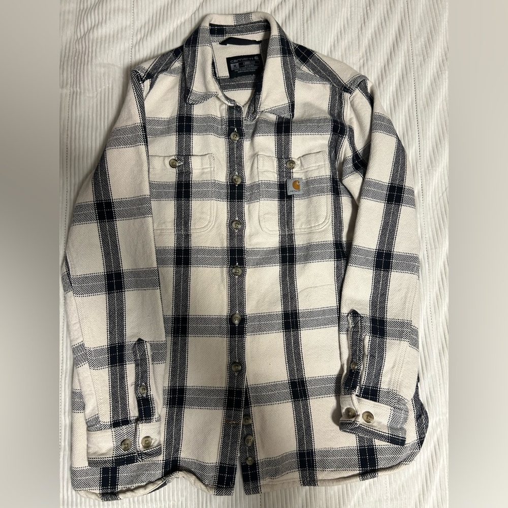 Womens Carhartt Shirt Jacket Black/White Plaid Flannel Bottom Up Size Med